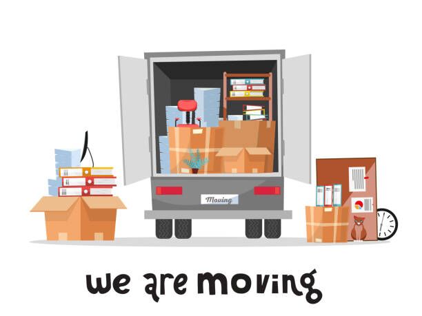 Open trunk of the truck woth stack af office things in cardboard boxes.Corporate Moving.Unloading or loading van. We are moving home concept with lettering qoute.Vector flat cartoon style illustration Open trunk of the truck woth stack af office things in cardboard boxes.Corporate Moving.Unloading or loading van. We are moving home concept with lettering qoute.Vector flat cartoon style illustration. Business relocation stock illustrations