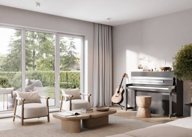 Spacious interiors of a modern living room with musical instruments in 3d Spacious interiors of a modern living room in 3d. Digitally generated image of living room with piano, guitar, two armchairs, and glass door leading to a formal garden in the backyard. piano stock pictures, royalty-free photos & images