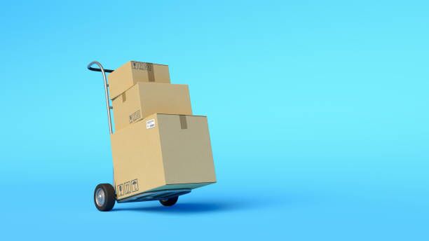 Hand truck with cardboard boxes on blue background. Moving house concept. Relocation, cargo delivery, logistics and distribution. Warehouse. Minimal composition. 3d illustration. 3d render. Hand truck with cardboard boxes on blue background. Moving house concept. Relocation, cargo delivery, logistics and distribution. Warehouse. Minimal composition. 3d illustration. 3d render. moving company stock pictures, royalty-free photos & images