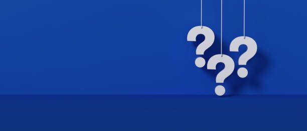 Three white question marks a blue wall background. Three white question marks a blue wall panoramic background. 3D rendering. FAQs stock pictures, royalty-free photos & images