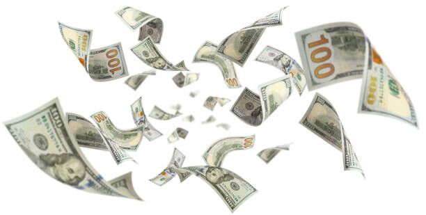 Flying 100 American dollars banknotes on white Flying 100 American dollars banknotes, isolated on white background money stock pictures, royalty-free photos & images