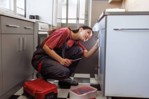 A woman in working clothes carefully fixes a leak in a sink A smiling woman, starting her small business as a plumber, helping people when they need it. She is equipped with the appropriate tools and materials, ensuring that the repair is done effectively and efficiently. essential services stock pictures, royalty-free photos & images