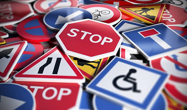 Road or Traffic Signs Perspetive view of numerous french traffic road signs. Concept image for background, 3D illustration road safety stock pictures, royalty-free photos & images