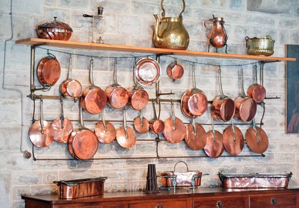 Old copper kitchenware interior Old copper kitchenware old kitchen ware stock pictures, royalty-free photos & images