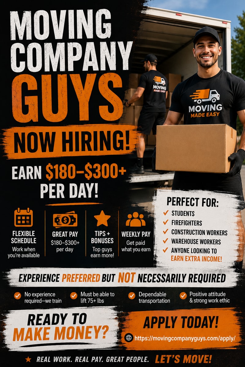 Moving Company Guys is now hiring movers, helpers and drivers — earn $180–$300+ per day, flexible schedule, tips and bonuses. Apply today.